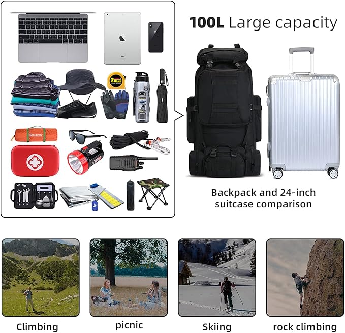 100L Camping Hiking Backpack,Molle military Tactical rucksack backpack,Waterproof Lightweight