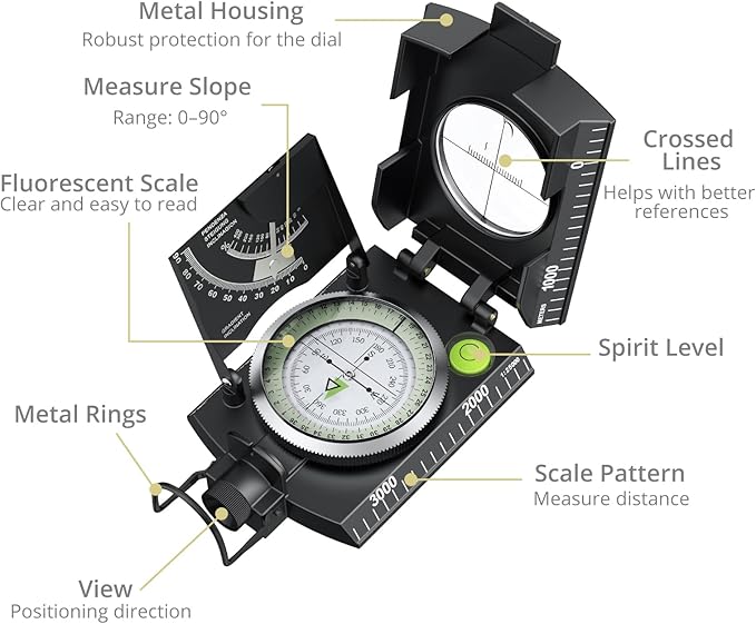 Compass Hiking Survival, IP65 Waterproof Metal Compass with Sighting Clinometer and Carry Bag