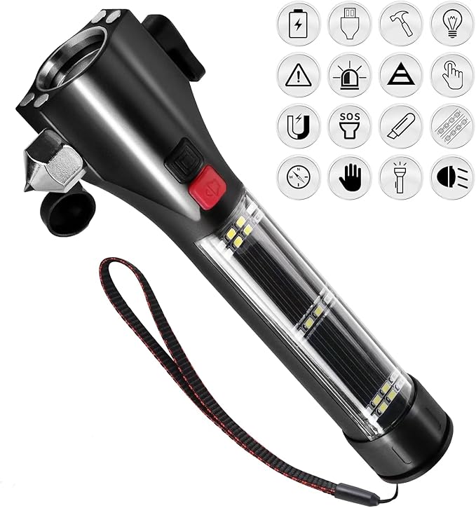 Solar Powered Car Safety Hammer Flashlight with Seatbelt Cutter, LED High Lumens, Red and Blue SOS