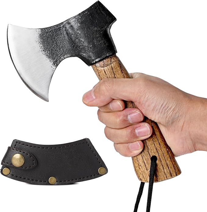 Small Camping Axe with Leather Sheath, 8.46" Backpacking Hatchet with Wooden Handle, Splitting Axe