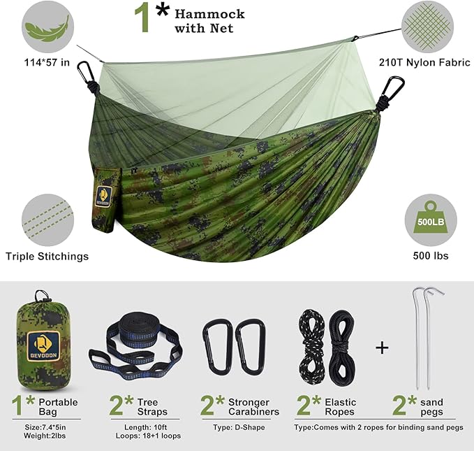 Camping Hammock with Net,Travel Portable Lightweight Hammocks with Tree Straps and Solid D-Shape