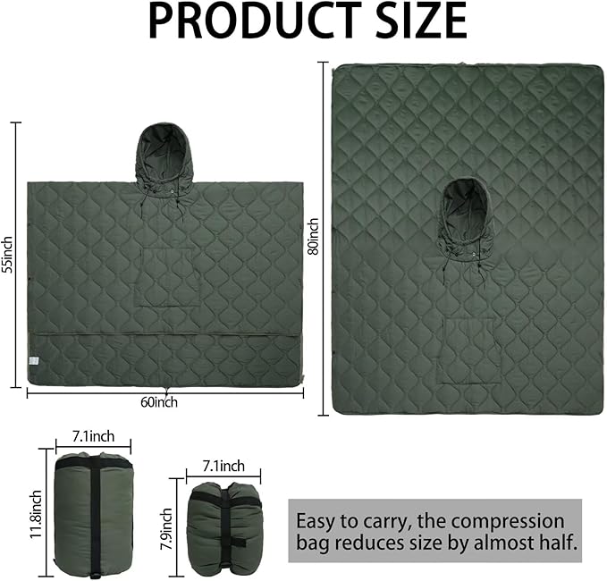 Poncho Liner Hoodie with Pocket Insulated Military Sleeping Bag Waterproof for Outdoor Camping