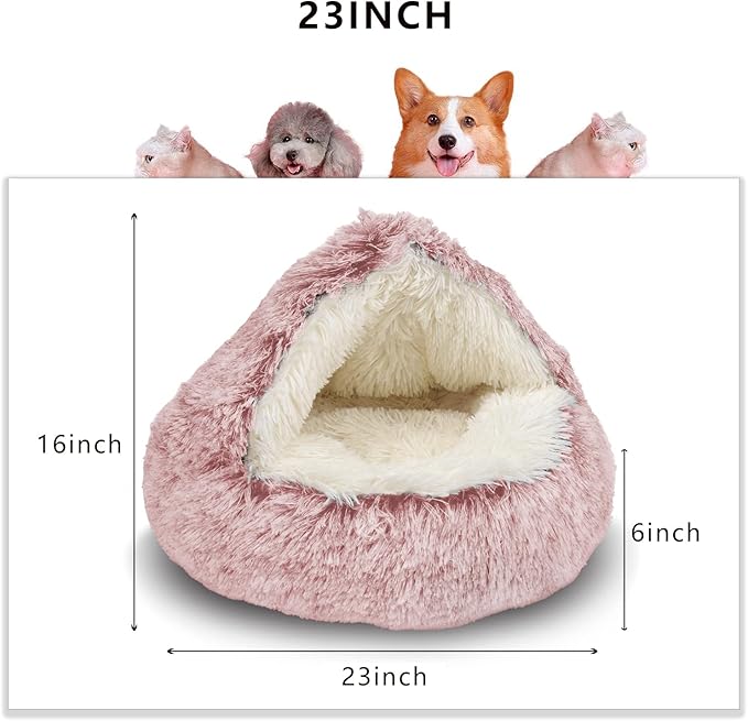 ShinHye Cozy Cat Bed - Round Plush Fluffy Hooded Cave, Indoor/Outdoor, Waterproof & Washable