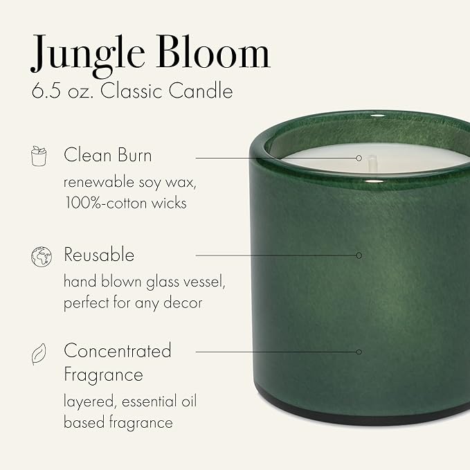 LAFCO New York Classic Candle, Jungle Bloom - 6.5 oz - 50-Hour Burn Time - Reusable, Hand Blown