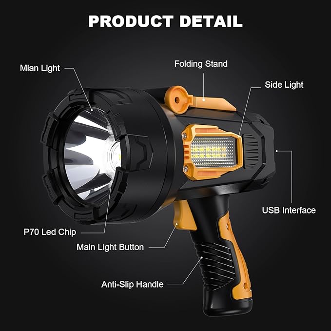 LBE Rechargeable Spotlight, Super Bright 90,000 Lumens Led Flashlight Handheld Spot Lights Outdoor