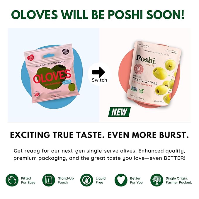 POSHI Green Pitted Olives - Chili & Oregano | Vegan, Kosher, Gluten Free + Keto Friendly, Fresh