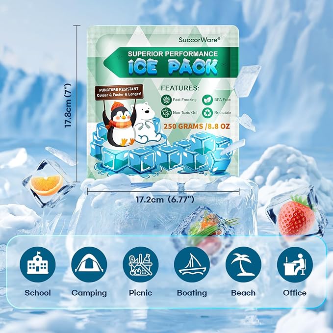 5 Packs Reusable Ice Packs for Lunch Boxes - 12+ Hour Cooling Ice Gel Pack for Camping, Beach