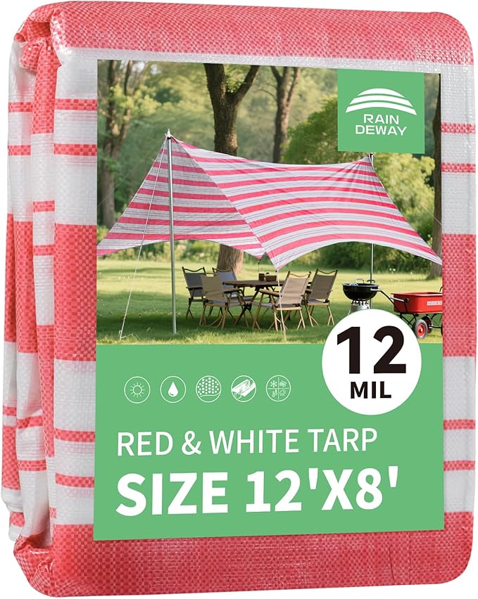 RAINDEWAY Tarps 8x12 Feet,12 Mil Sunshade Striped Tarp Waterproof,Multipurpose Poly Tarp Cover with