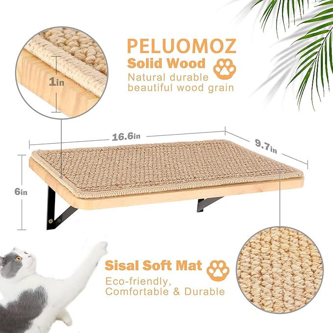 2PCS Cat Wall Shelves with Scratching Mat, 16.6x9.7 Inch Large Cat Wall Hammock Cats Furniture