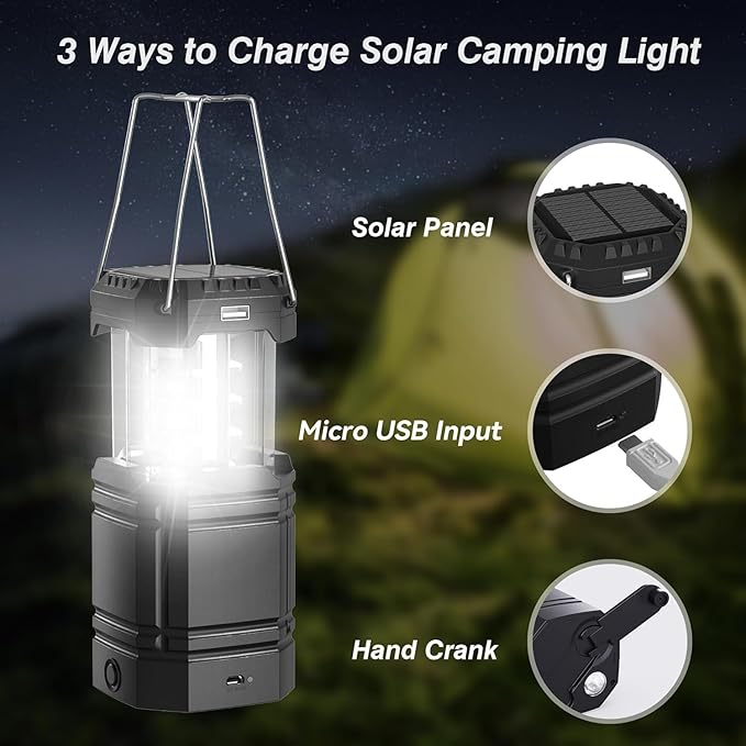 3000mAh Large Capacity Hand Crank Solar Camping Lantern, Portable Ultra Bright LED Torch, 23-26