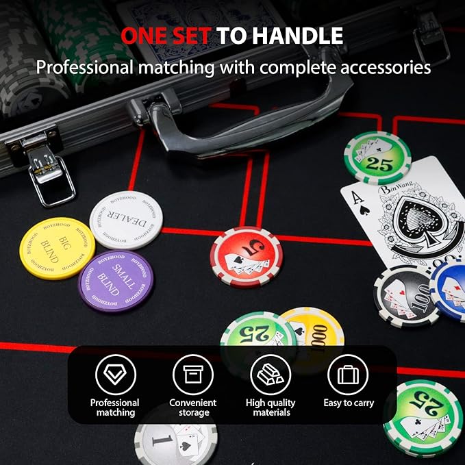Boyzhood Poker Chips with Numbers,500PCS Poker Chip Set with Aluminum Travel Case,11.5 Gram Poker