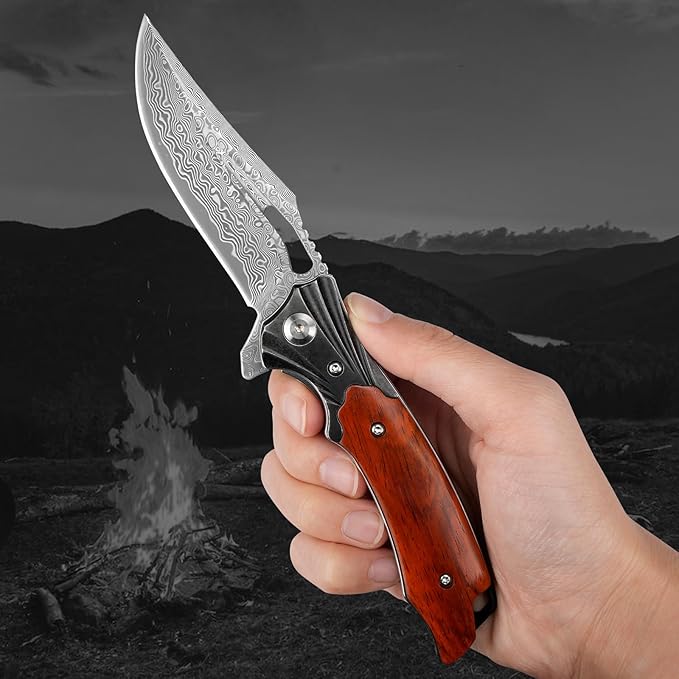 Damascus Pocket Knife for Men Women, Wood Handle Folding Knife with Sheath, 3.15" Damascus Steel