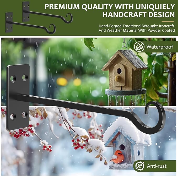 Heavy Duty Plant Hangers Outdoor- Hand-Forged Hanging Plant Brackets - 2 Pack 12 Inch Black Wrought