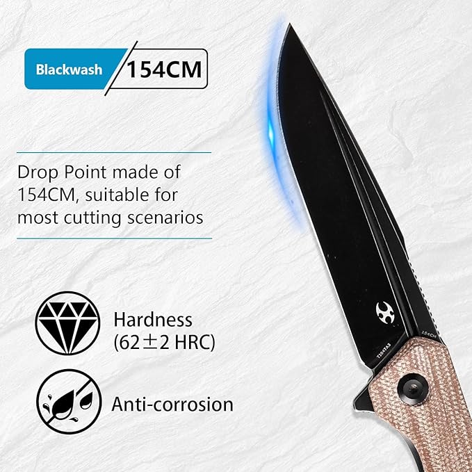 KANSEPT Qilin Pocket Knife, 3.24'' Blackwash 154CM Sharp Blade, Brown Micarta Handle for Edc