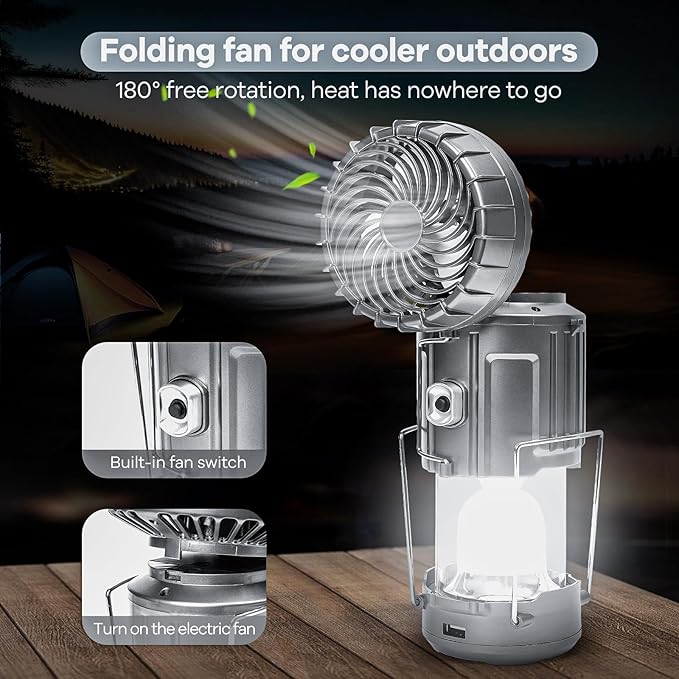 Camping Lanterns with Fan,Solar Camping Fan Charging for Phone, Rechargeable LED Lanterns Camping