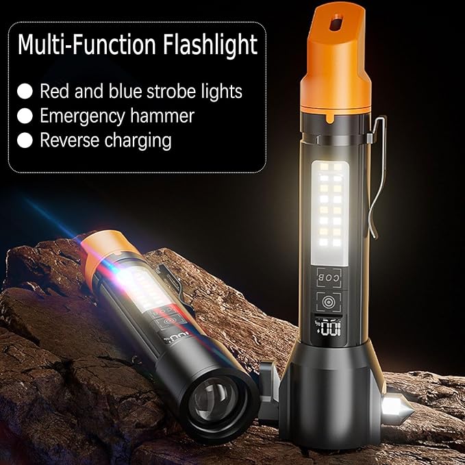 Tactical Flashlight Rechargeable, Zoomable LED Flashlight with COB Side Light, Red/Blue Strobe