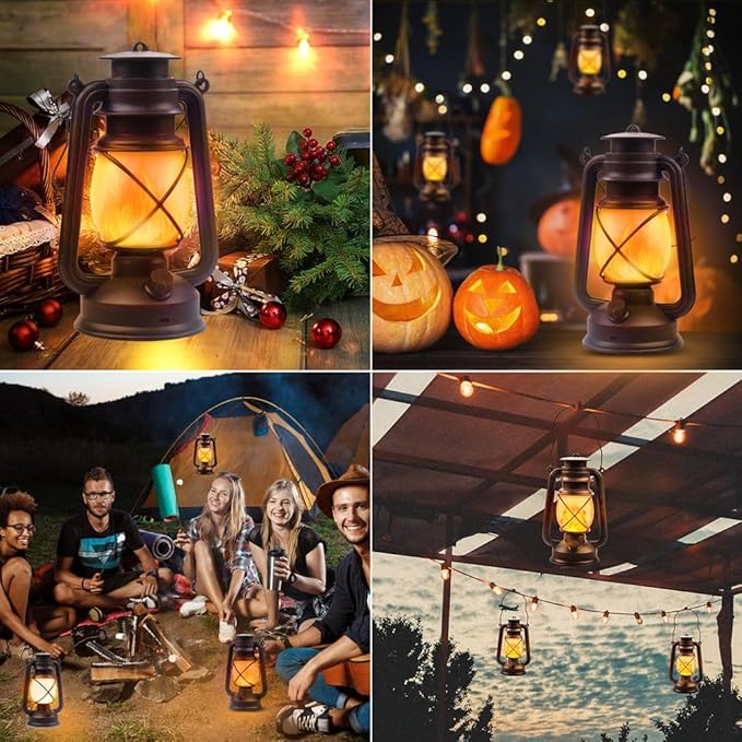 Lantern LED Battery Powered Camping Lamp Outdoor Hanging Lantern Flickering Flame Rechargeable