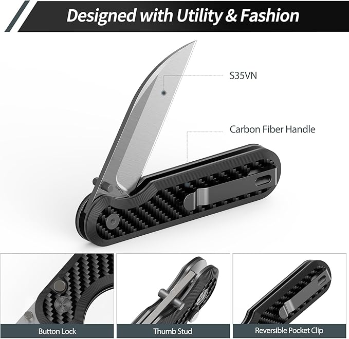FINTISO Pocket Knife, 3" S35VN Blade EDC Knife with Carbon Fiber Handle, Folding Knife with Pocket