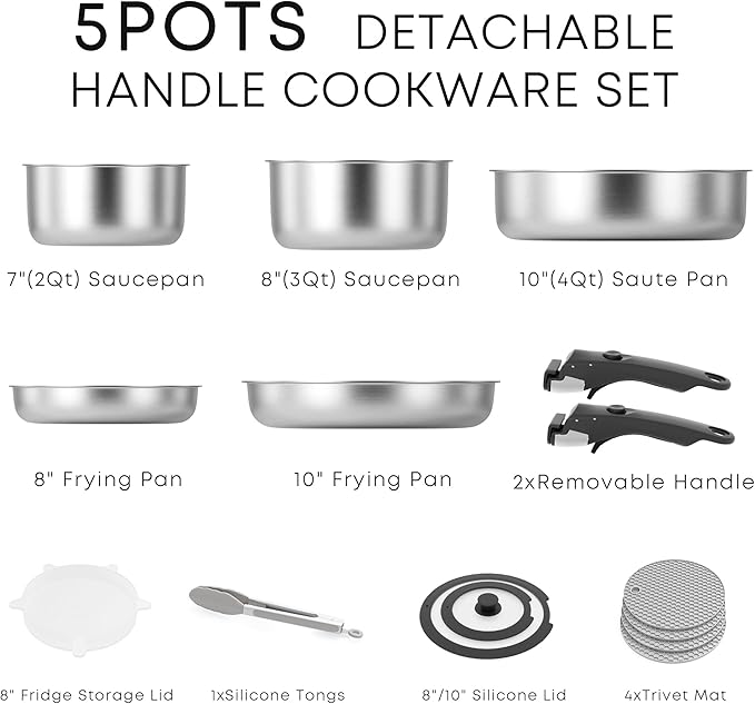 Caannasweis Detachable Nonstick Cookware Set - Stackable Induction Pots and Pans With Removable