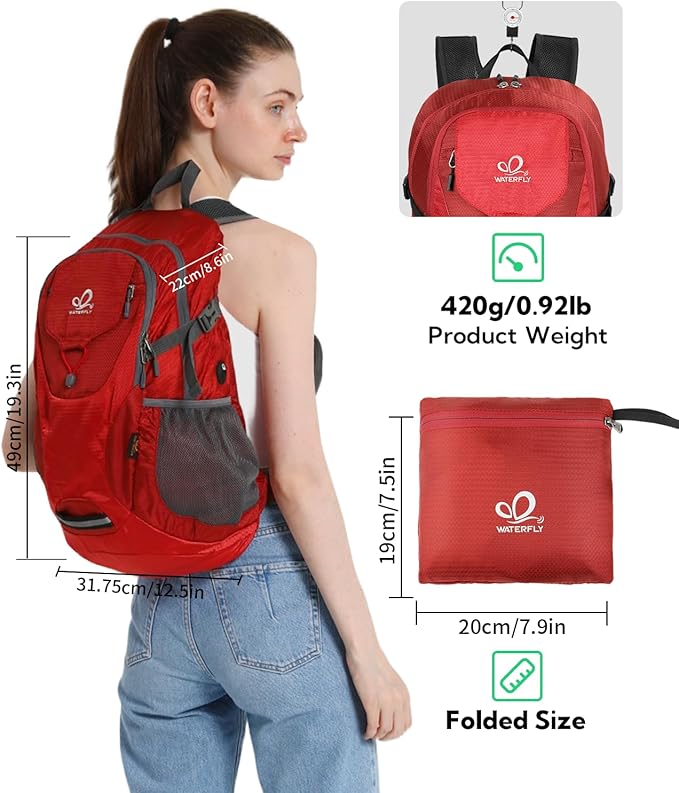 WATERFLY Lightweight Packable Hiking Backpack: 30L Foldable Travel Daypack Ultralight Camping Day