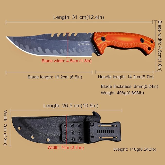BA-KOR 12.4in Full Tang Fixed Blade Hunting Knife ??6mm 9CR18MoV Steel, G10 Handle, Stonewashed