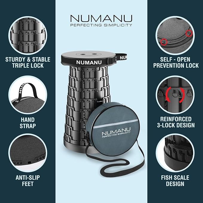 NUMANU 2025 Upgraded Collapsible Stool & 3IN1 Cushioned Carry Bag, Telescopic Folding Stool, Max