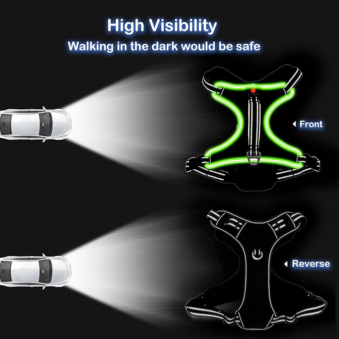 Light Up Dog Harness, No Pull LED Dog Harness with Handle, Rechargeable Lighted Safety Vest for
