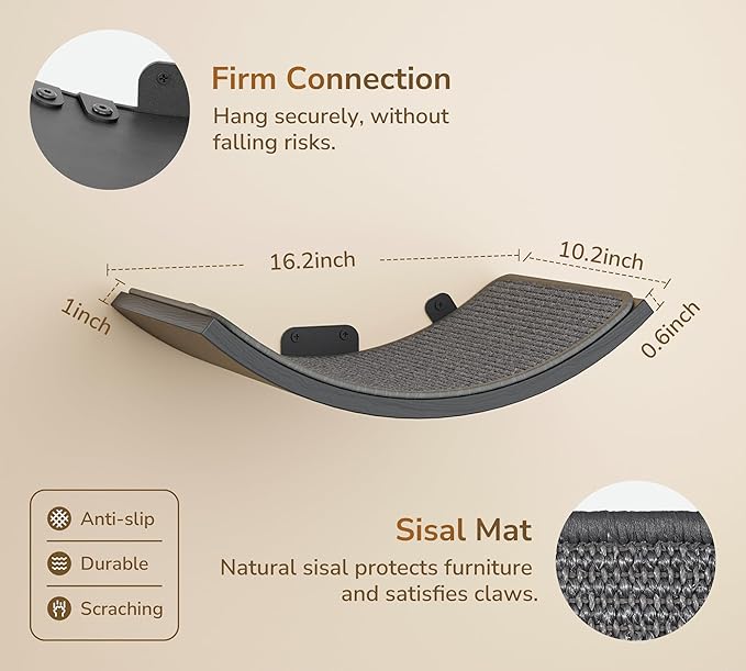 Gray Cat Wall Shelf with Grey Sisal Mat, Curved Cat Bed for Scratching and Resting, Wall Mounted
