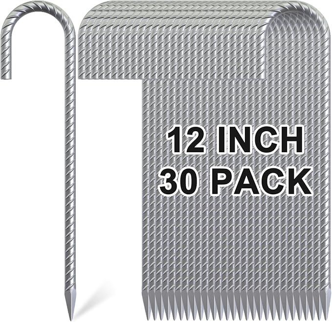 Rebar Stakes 12 Inch, 30 Pack Galvanized Metal Tent Stakes Heavy Duty Ground Stakes, J Hook Steel