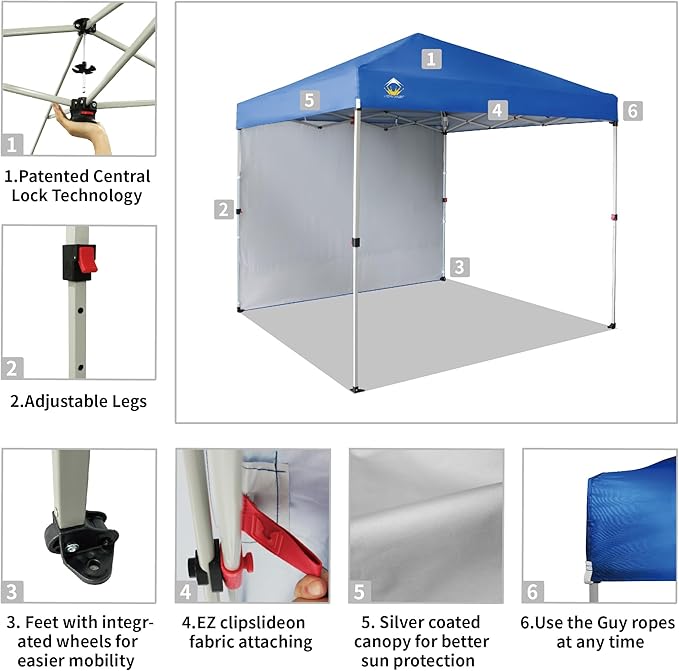 CROWN SHADES 8x8 Pop Up Canopy with 1 Side Wall - Beach Tent with One Push Setup - Outdoor Sun
