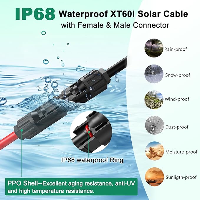 Oududianzi 12AWG XT60i Solar Cable 30FT, Solar to XT60i Cable 3 10 15 20 25 40 50FT, Solar Panel