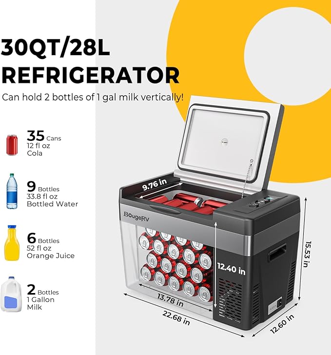 BougeRV 12 Volt Refrigerator 12V Car Fridge 30 Quart Portable Freezer Compressor Cooler Compressor