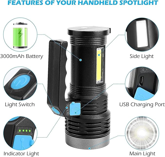 LED Flashlight High Lumens USB Rechargeable Flashlight for Camping, Hiking, Walking, Powerful