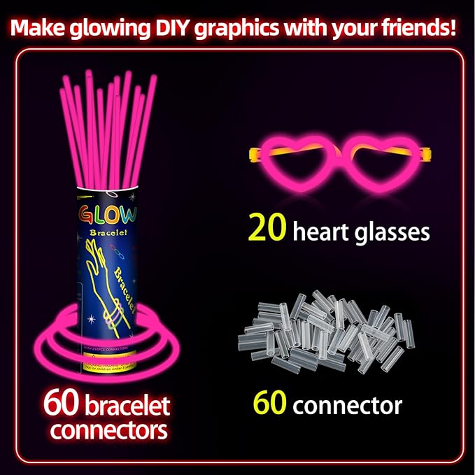 60 Pack 8??Pink Glow Sticks Bulk Bright Glow Sticks with 60 Connectors 20 Heart Glasses Glow In The