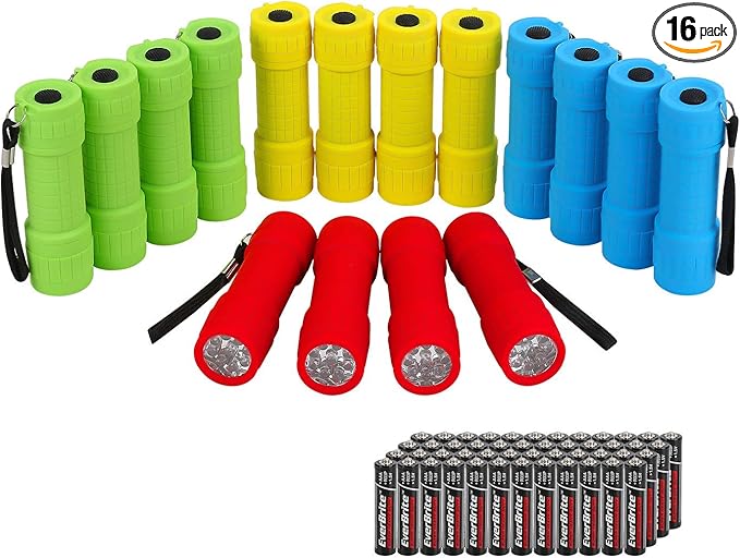 EverBrite 16-Pack Mini LED Flashlight Set - Assorted 4 Colors, 48 AAA Batteries Included, for