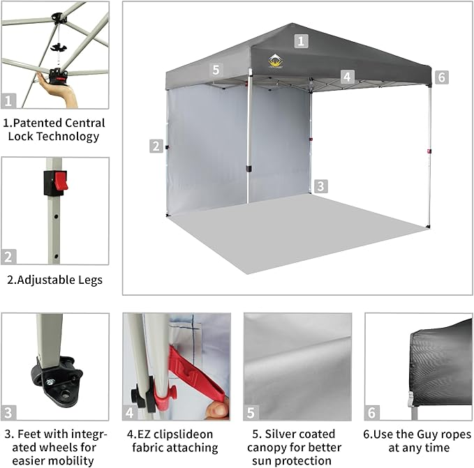 CROWN SHADES 8x8 Pop Up Canopy with 1 Side Wall - Beach Tent with One Push Setup - Outdoor Sun