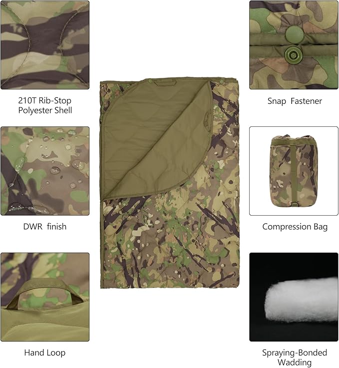Poncho Liner Military Outdoor Camping Blanket for Travel, Beach, Grass, Picnic, Car Emergency