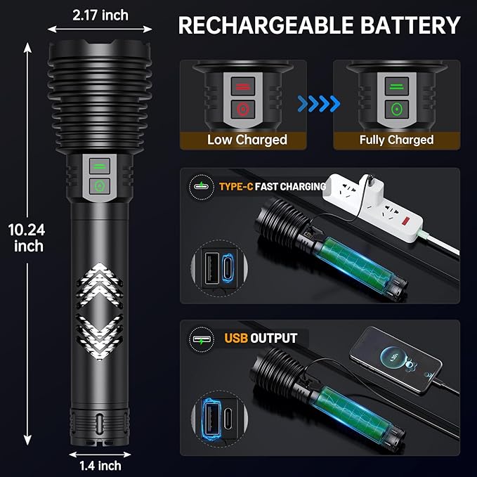 Rechargeable Flashlights 6000.000 High Lumens, Super Bright LED Flashlight with Long Handle, Large