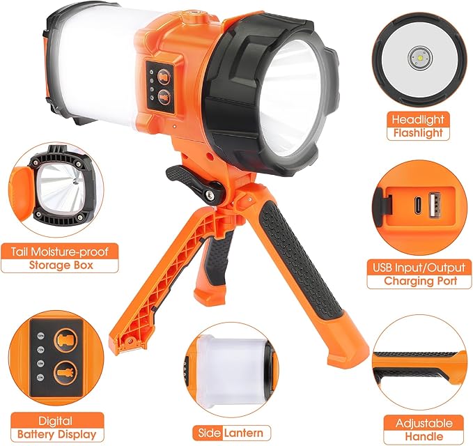 Tripod Rechargeable Camping Lantern, 6 Modes LED Flashlight Handheld Spotlight with 4000LM, 4400mAh