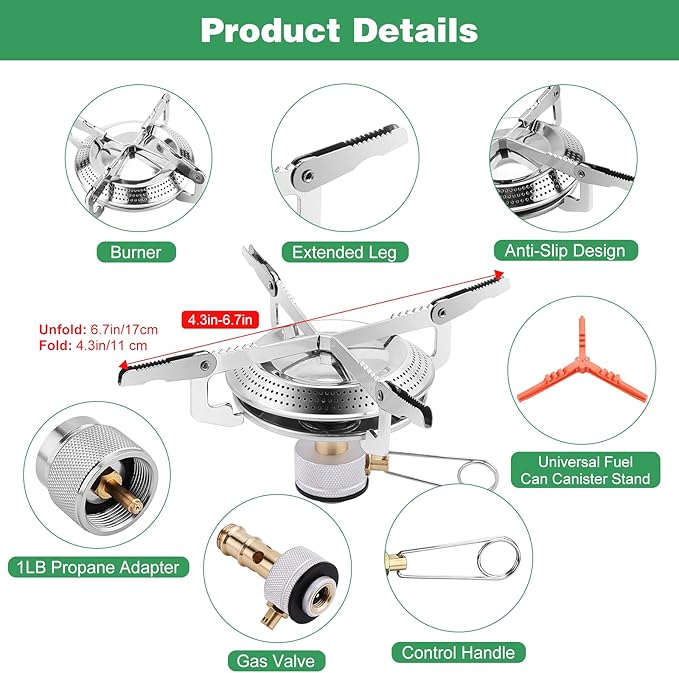 WADEO Portable Camping Stove Burner, Backpacking Stove with 1LB Propane Tank Adapter, Fuel Can