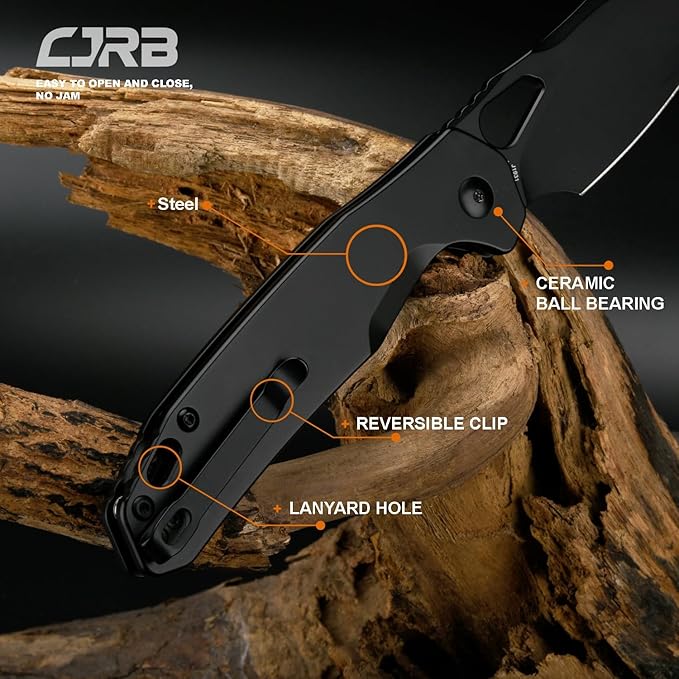 CJRB Frack Pocket Knife, 3.9" AR-RPM9 Steel Blade PVD Coating Steel Handle EDC Knife, Button Lock