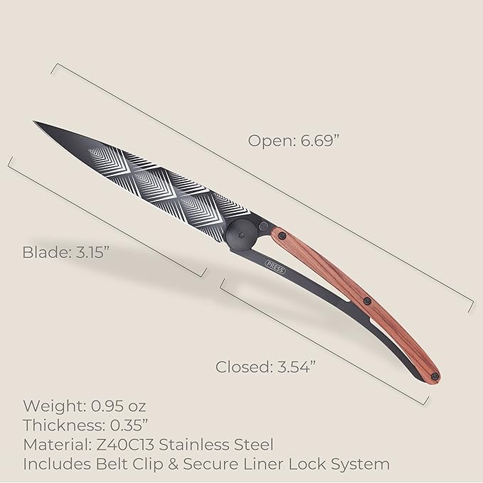 deejo - 0.9 OZ, Black Titanium, Coral Wood, Art Déco - Ultra-Light Folding Pocket Knife with a Belt