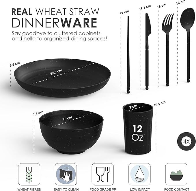 Wheat Straw Dinnerware Sets For 4 - Alternate To Black Plastic Dishes - Dishwasher Microwave Safe
