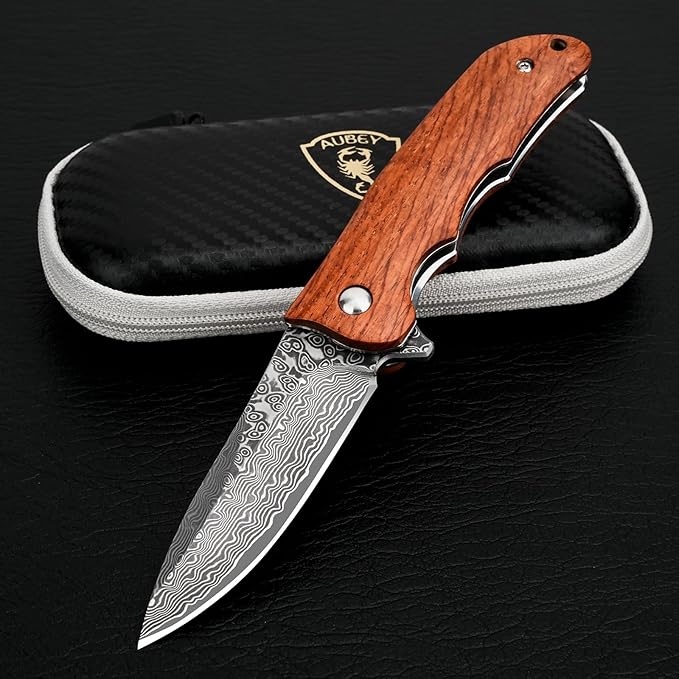 AUBEY Damascus Pocket Knife with VG10 Core, Wooden Handle, EDC Folding Knives for Men Outdoor