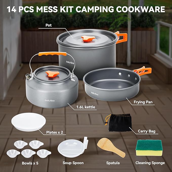Onlyfire 14pcs Camping Cookware Mess Kit, Non-Stick Lightweight Pot Pan Kettle Set with Plates