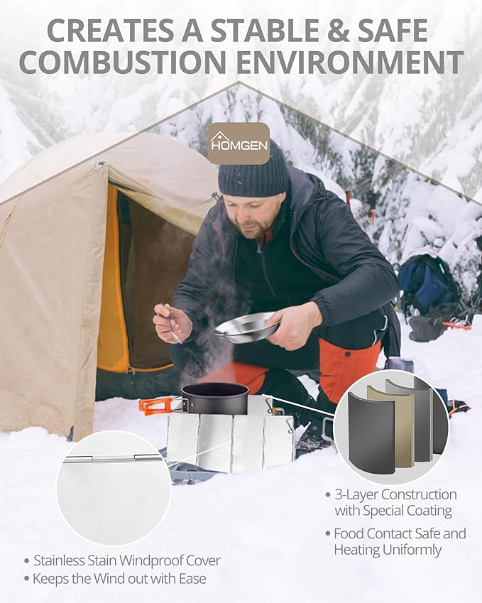 HOMGEN 14-Piece Camping Cooking Set with Stove Windshield & 2 Plates - Lightweight Aluminum Nesting