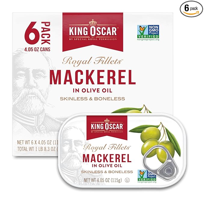 King Oscar Mackerel in Olive Oil, 4.05 Ounce Can (Pack of 6, Packaging May Vary), Skinless &