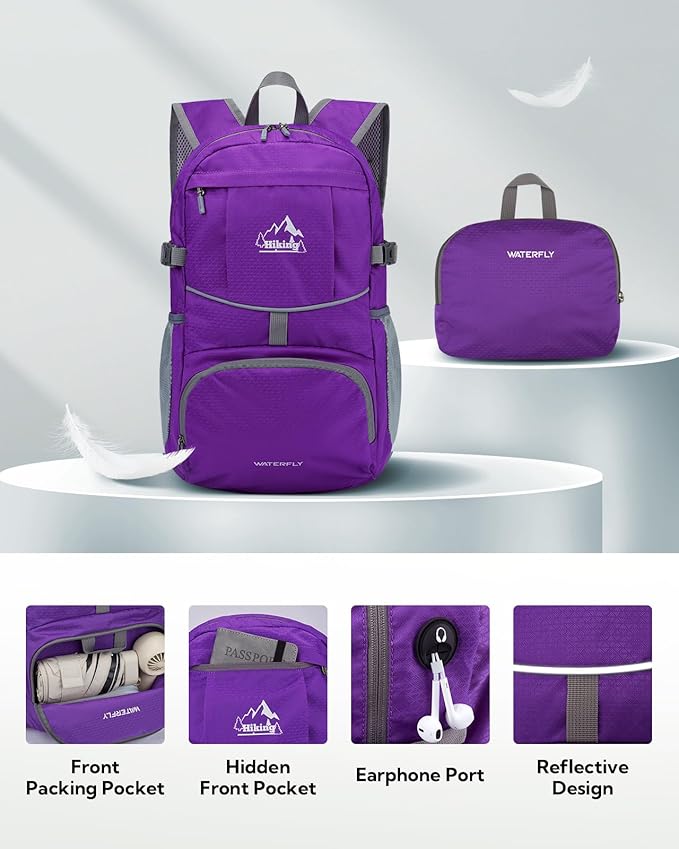 WATERFLY Hiking Foldable Daypack Backpack: 25L Ultra Lightweight Waterproof Day Pack for Woman Man
