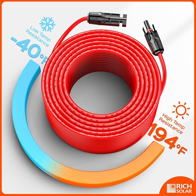 RICH SOLAR 10 Gauge 10AWG One Pair 50 Feet Red + 50 Feet Black Solar Panel Extension Cable Wire