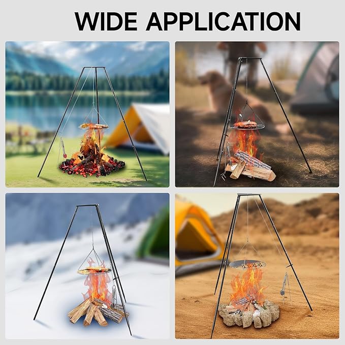 Campfire Tripod for Cooking, Campfire Cooking Equipment, Round Grill Grate with Adjustable Height